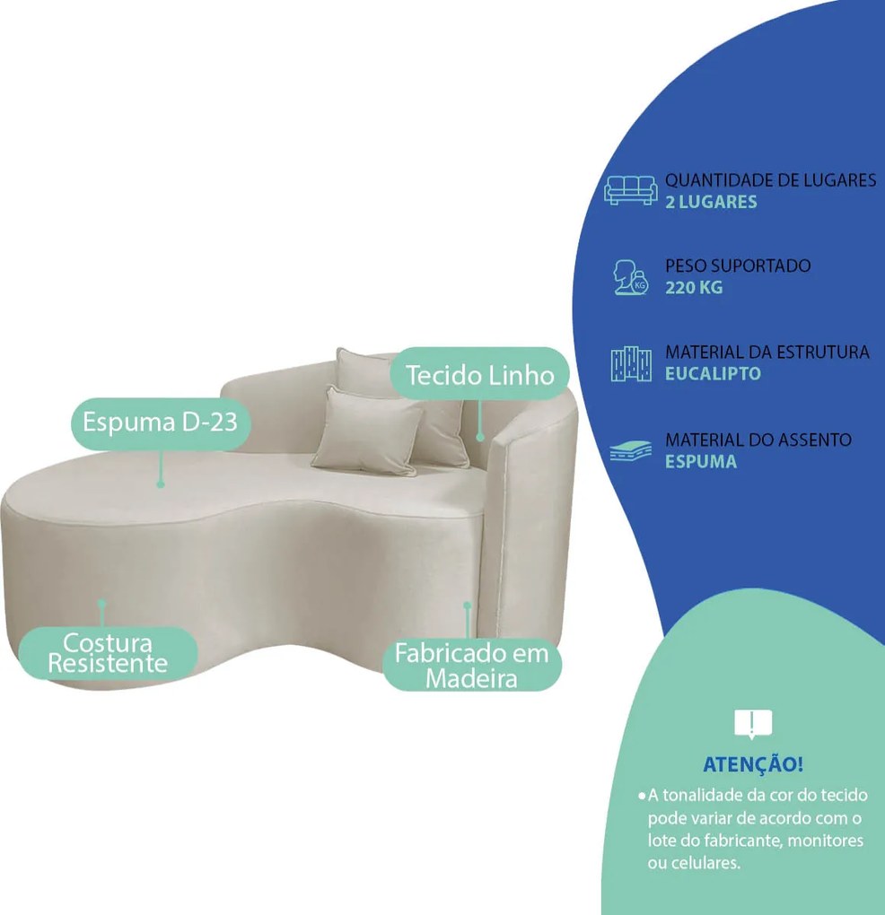 Kit Recamier Curvo Sala de Estar Inglaterra 150cm Lado Esquerdo e 2 Poltronas Orgânica Luxo Amore Linho