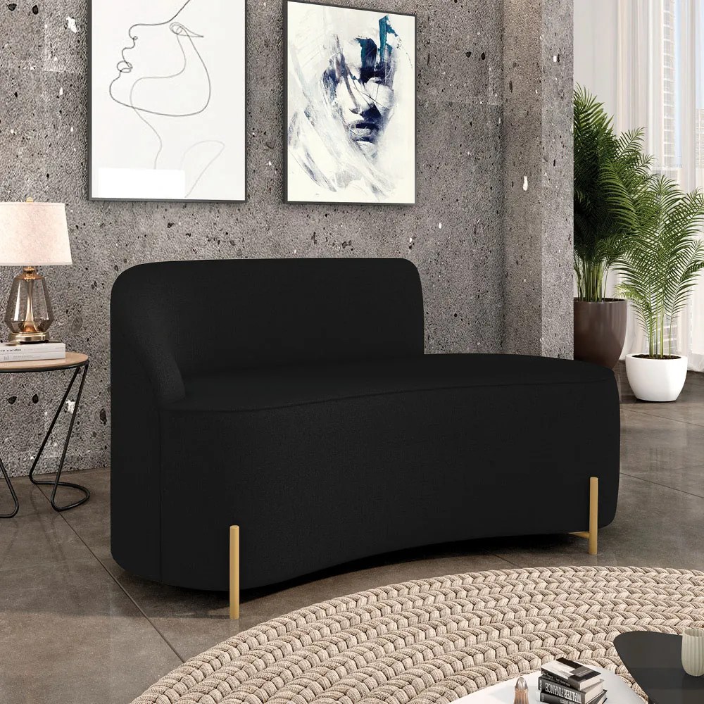 Sofá 2 Lugares Orgânico 140cm Pé Dourado Morgan Linho D03 - D'Rossi - Preto