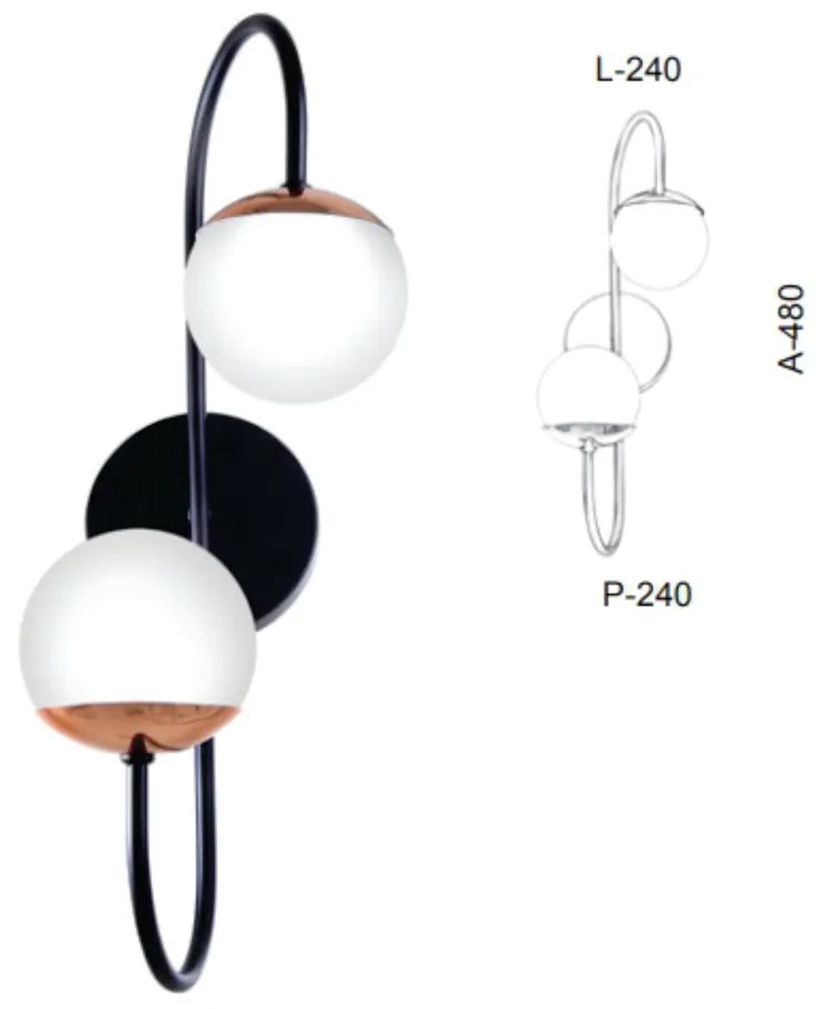 Arandela Globo Haste Curva Dupla 24X24X48Cm Metal E Globo Ø12Cm 02Xg9... (PRETO, FOSCO (BRANCO))