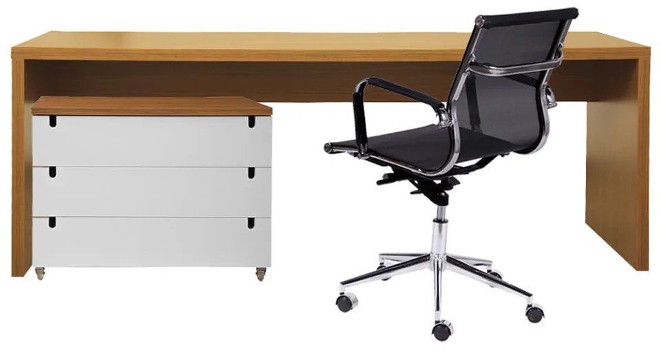 Conjunto Bancada 180cm + Módulo Gavetas Louro Freijó + Cadeira de Escritório Noruega Preta