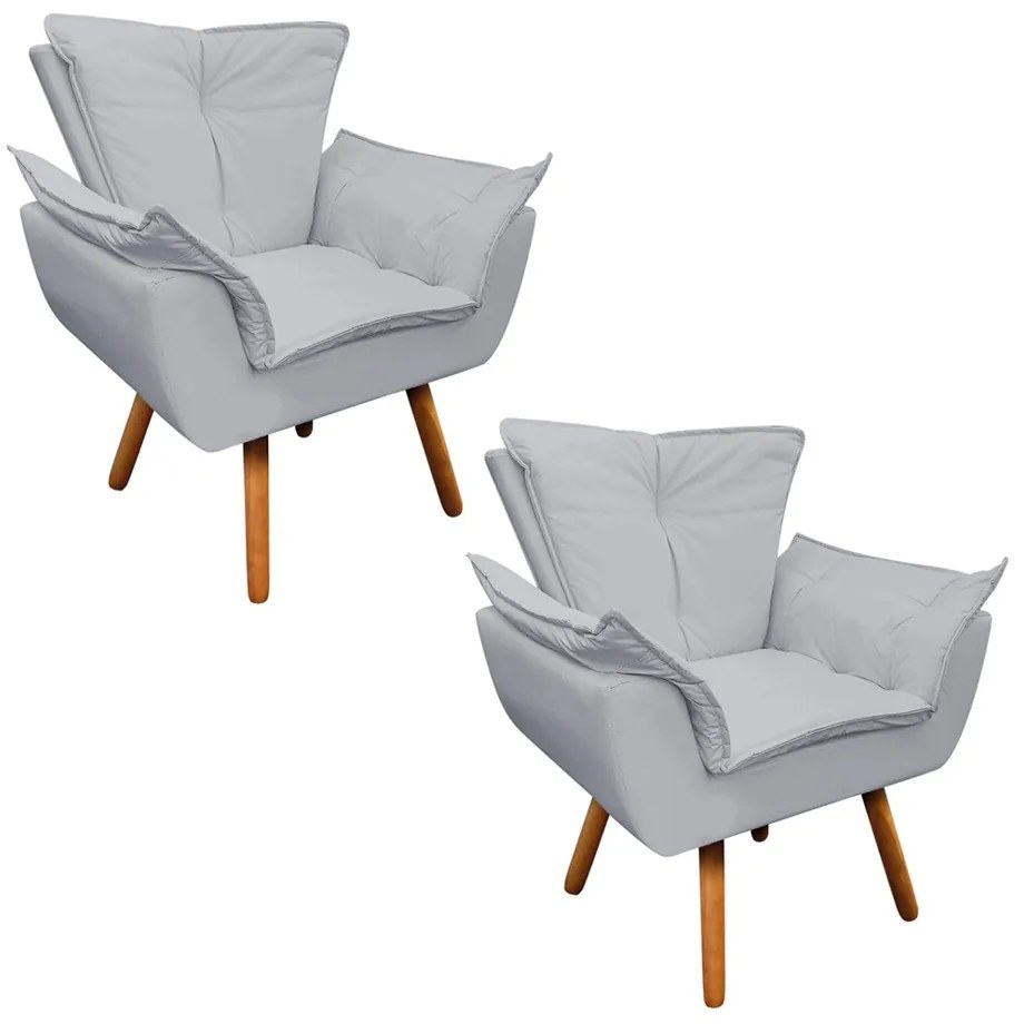 Poltrona Sala de Estar Pé Palito de Madeira Kit 2 Opala Corino D03 - D'Rossi - Cinza