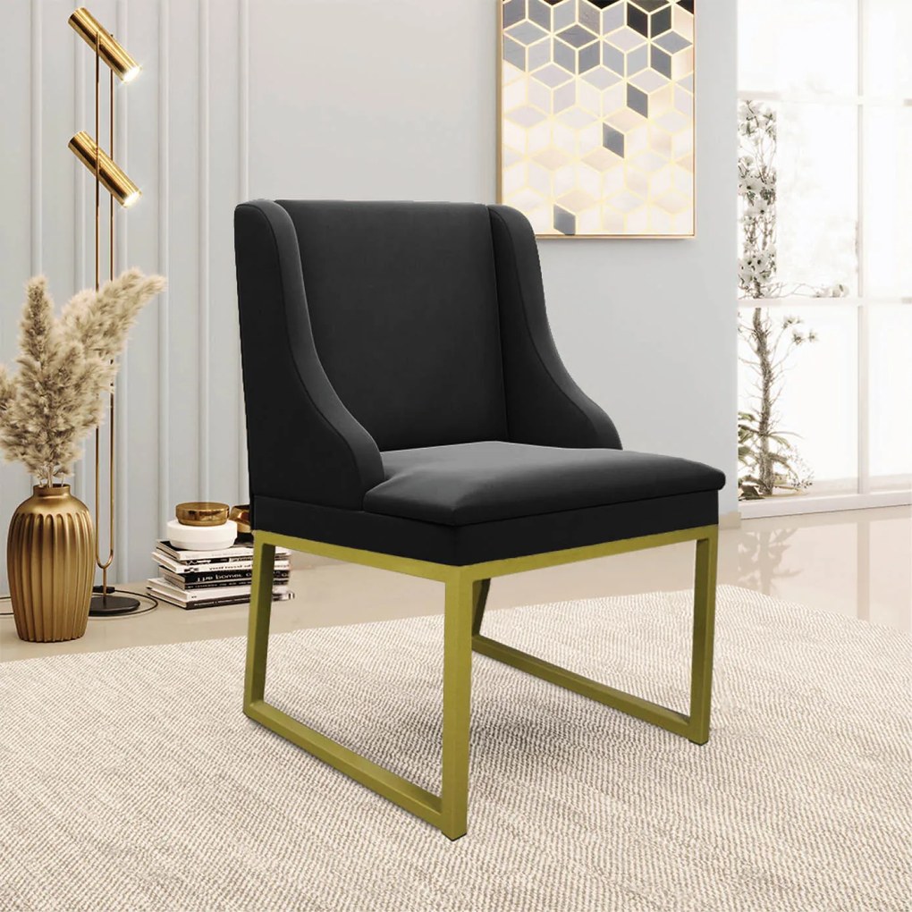 Cadeira Sala de Jantar Industrial Dourado Kit 10 Liz Suede D03 - D'Rossi - Preto