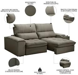 Sofá Retrátil 3 Lugares com Porta Copo 230cm Andes F05 Veludo Marrom -