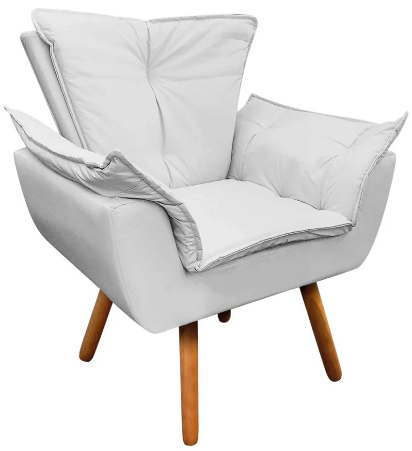 02 Poltronas e 01 Puff Pé Palito de Madeira Opala Corino D03 - D'Rossi - Branco