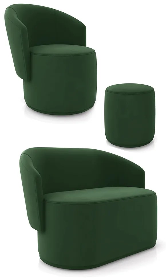 Sofá Namoradeira com Poltrona e Puff Orgânico Sala Malu Veludo M11 - D'Rossi - Verde