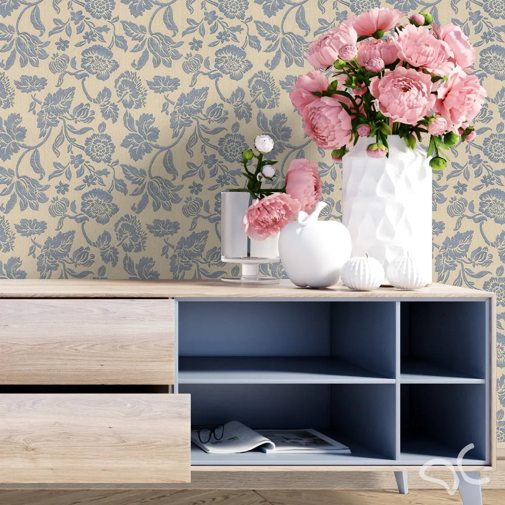 Adesivo floral linho bege e azul