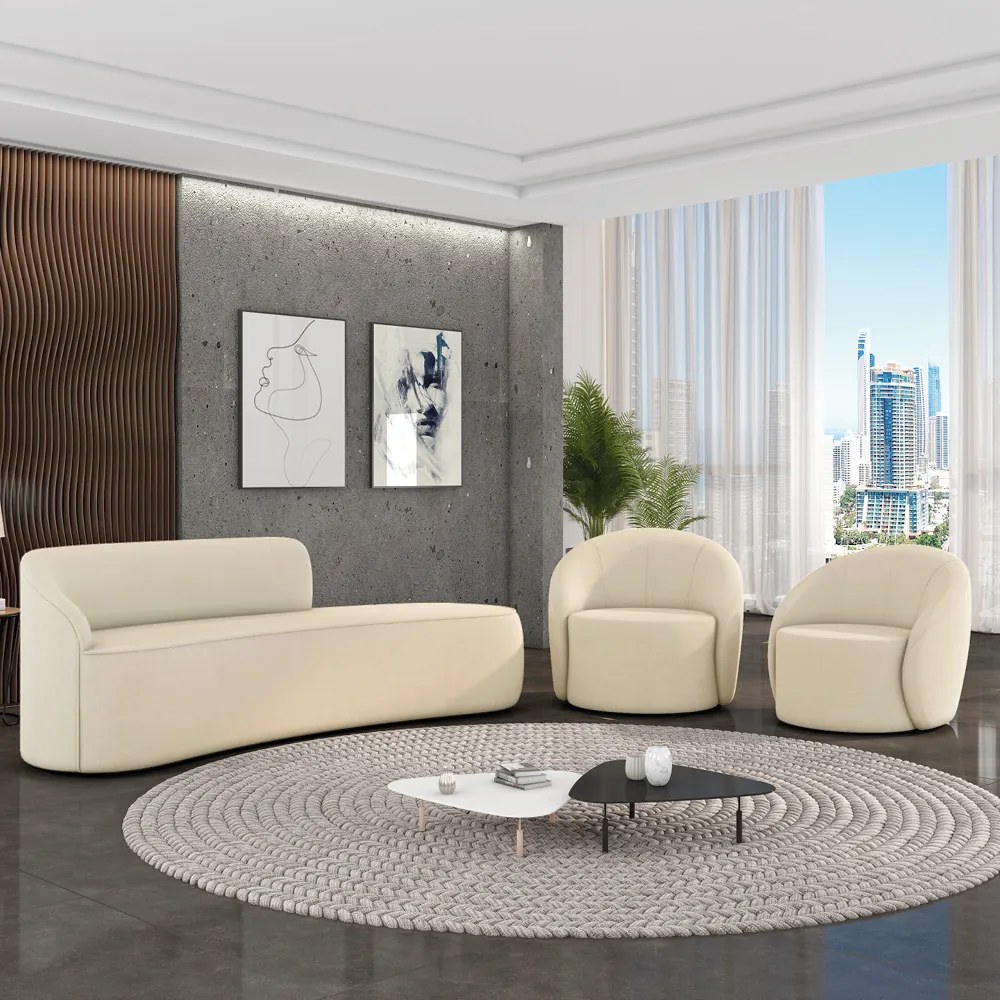 Sofá 4 Lugares Orgânico 220cm Morgan e 2 Poltronas Lua Suede Bege D03 - D'Rossi