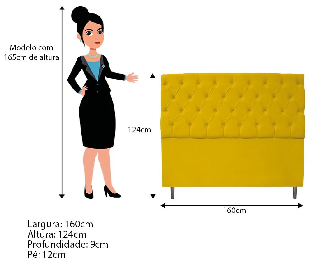 Cabeceira Estofada Liverpool 160 cm Queen Size Suede Amarelo - ADJ Decor