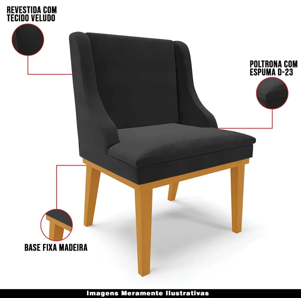 Kit 5 Cadeiras Decorativas Sala de Jantar Base Fixa de Madeira Firenze Veludo Preto/Castanho G19 - Gran Belo