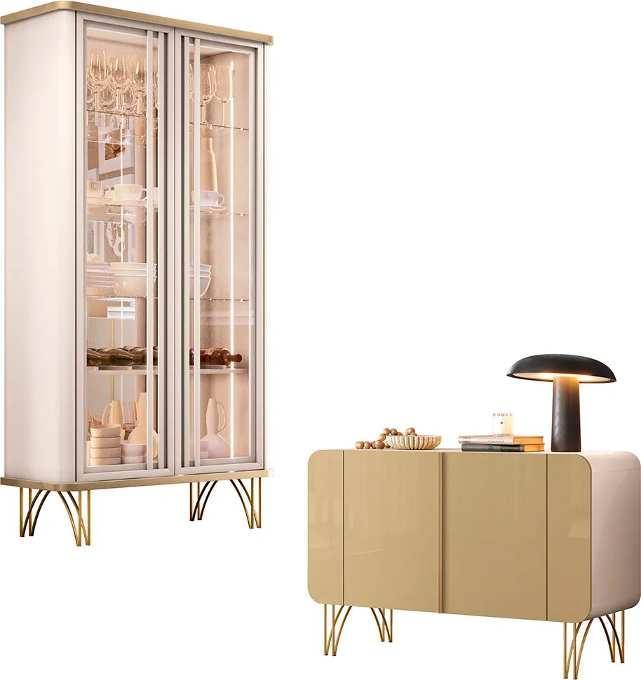 Conjunto 1 Cristaleira e 1 Buffet Decorativo Texas/Bambino Off White/Champagne G26 - Gran Belo