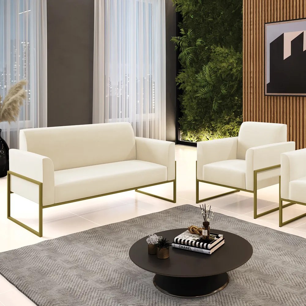 Sofá Namoradeira com Poltrona Base Industrial Alta Dourado Marisa Veludo D03 - DRossi - Bege