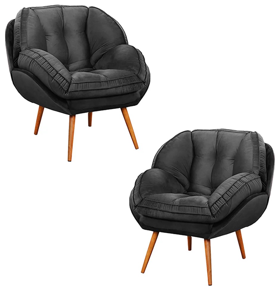 Kit 2 Poltronas Decorativas Pés Palitos Giroud Veludo Cinza Chumbo G33 - Gran Belo