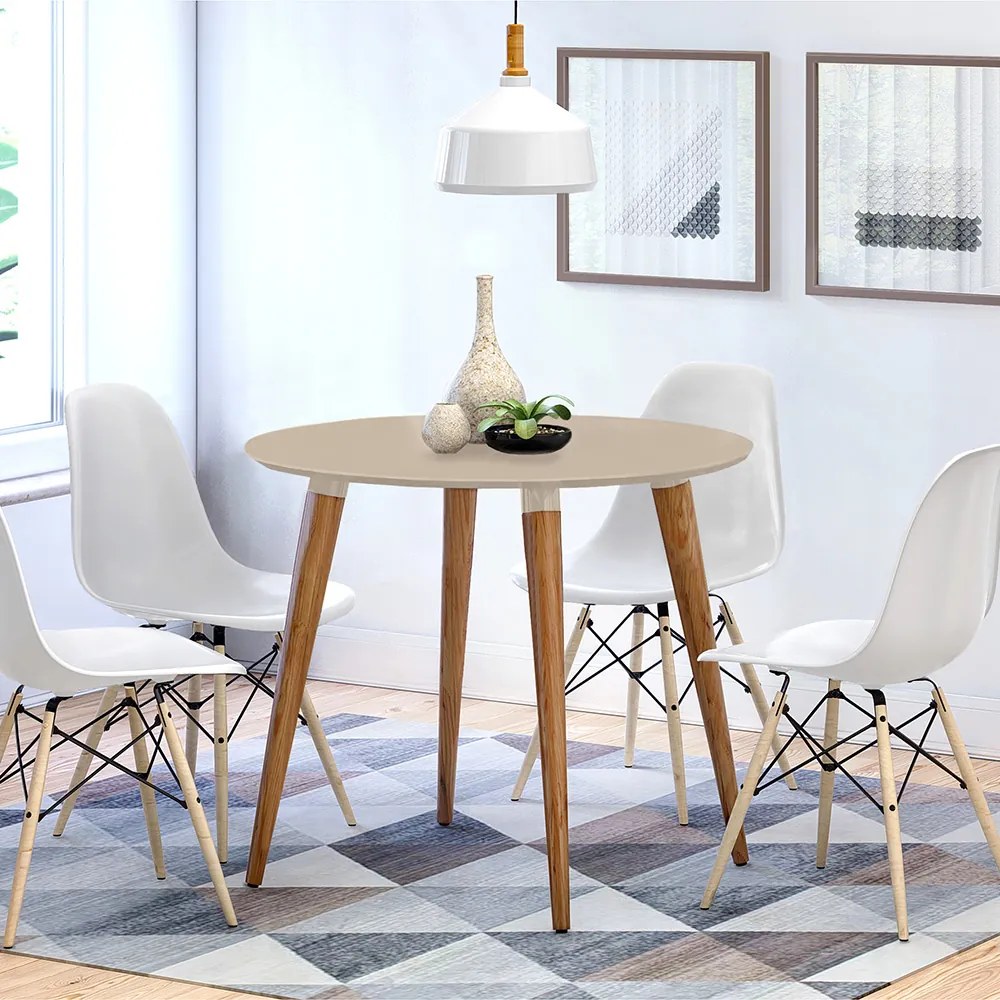 Mesa de Jantar Redonda Ivy 90 cm Off White Pés Retrô Castanho - D'Rossi