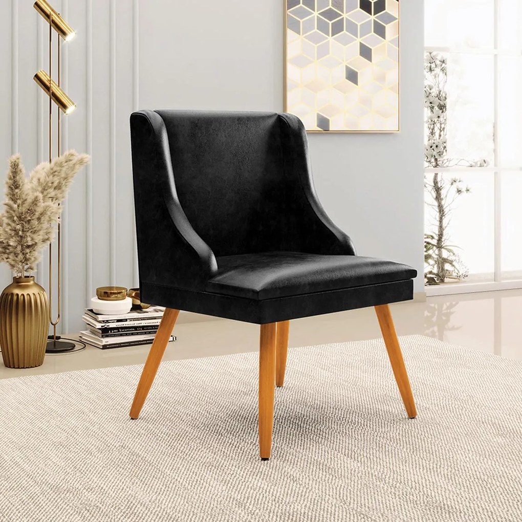 Kit 2 Poltronas Decorativas Pés Palito de Madeira Firenze PU Preto Brilho/Natural G19 - Gran Belo