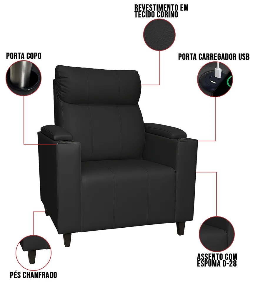 Poltrona do Papai com Puff USB e Porta Copos Ravella Sintético R04 - D'Rossi
 - Preto