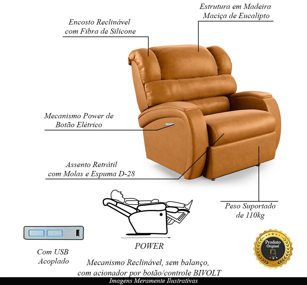Poltrona do Papai Sala de Cinema Reclinável Kylie Elétrica Botão com Led USB PU Whisky G23