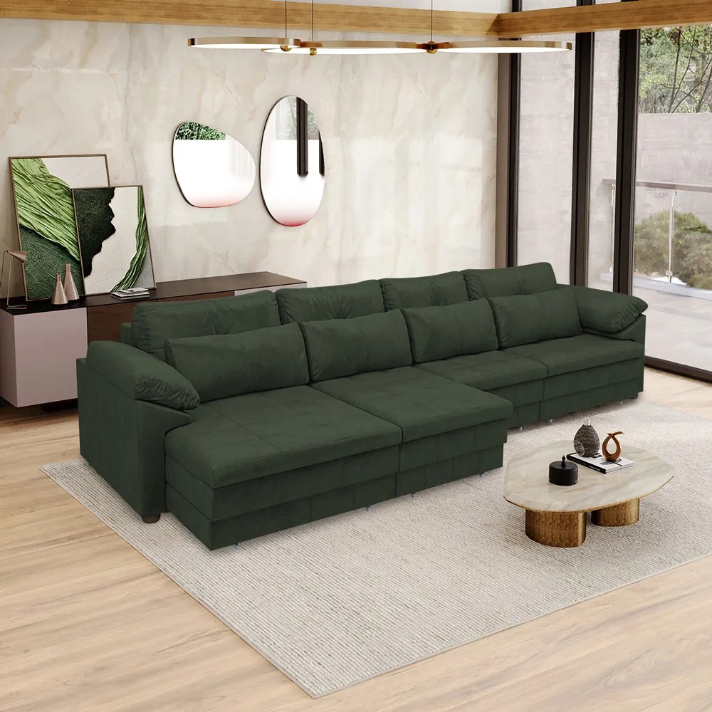 Sofá Retrátil Manual Sala de Estar Nolan Bipartido 339cm Conforto Premium em Couro Verde Manchado G58 - Gran Belo