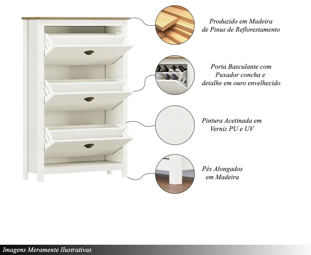 Sapateira Madeira Maciça 3 Gavetas Osiris Branco/Freijó G74 - Gran Belo