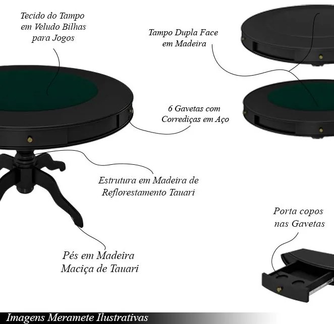 Conjunto Mesa de Jogos Carteado Bellagio Tampo Reversível e 6 Cadeiras Madeira Poker PU Caramelo/Preto G42 - Gran Belo