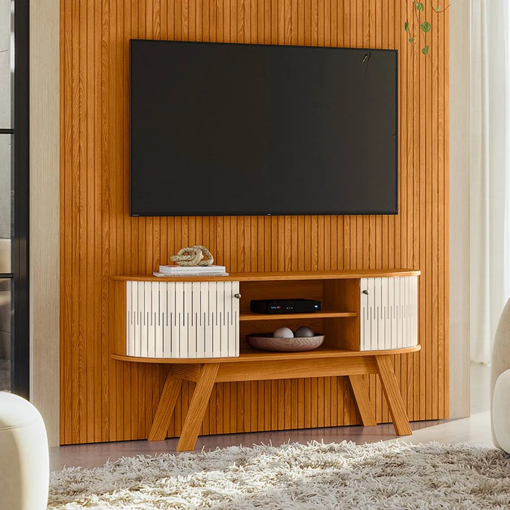 Painel TV 65 Pol 179cm Ripado Valen e Rack Bancada Rylan Cinamomo/Off White M20 - D'Rossi