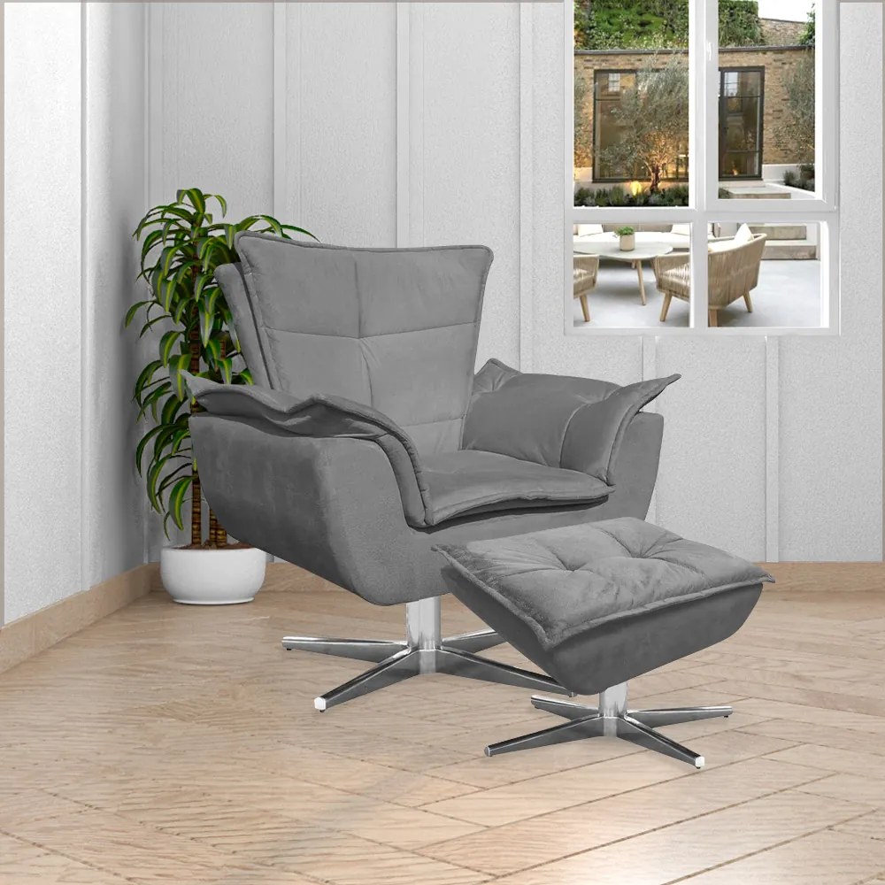 Poltrona Decorativa Base Giratória Cromada Charger Suede Grafite G19 - Gran Belo
