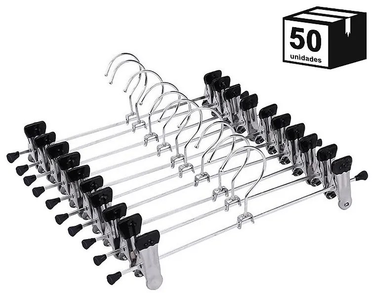 Kit 50 Cabides Com Presilhas Cromado para Calça, Saia ou Bermuda