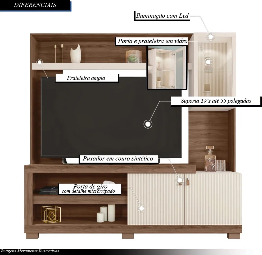 Home Theater Alvorada TV até 55 com LED Nogueira/OffWhite G11 - Gran Belo