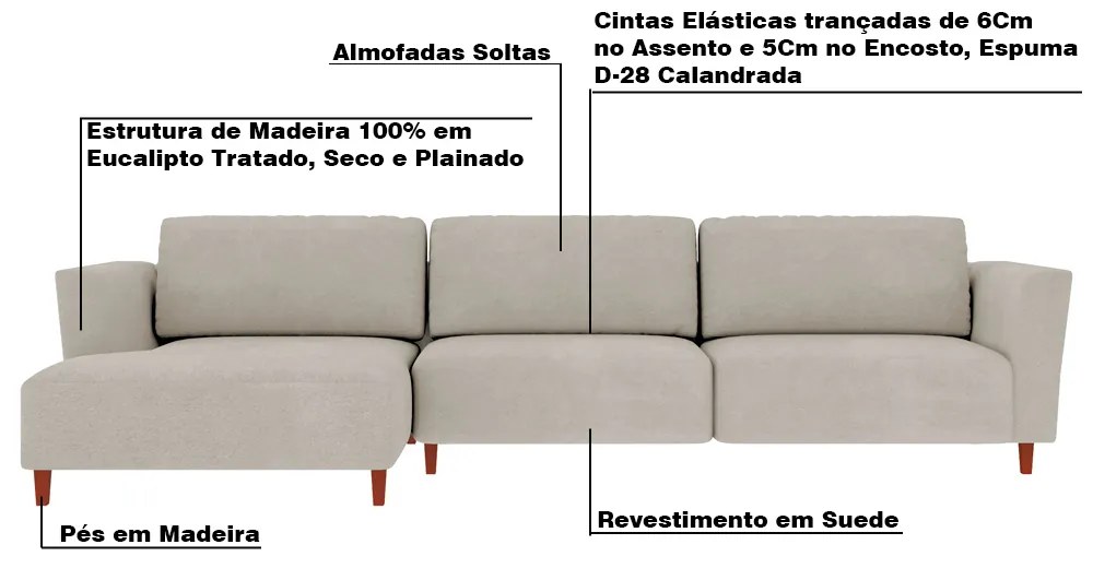 Sofá 310cm com Chaise Esquerda Franz Suede Bege G52 - Gran Belo