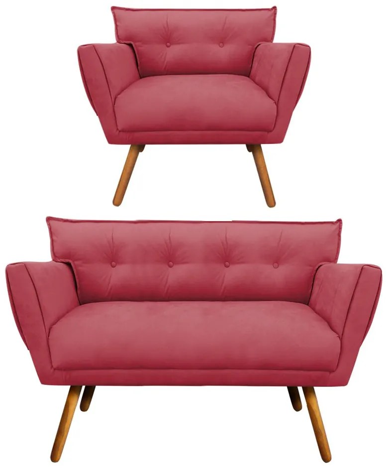 Kit 1 Namoradeira e 1 Poltrona Anitta Suede Pés Palito Castanho D03 - D'Rossi - Rose