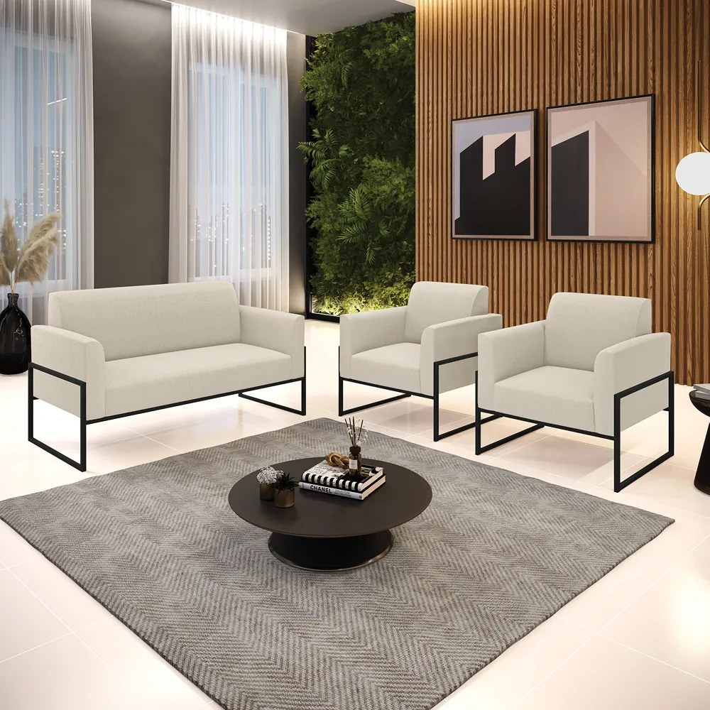 Namoradeira e 2 Poltronas Industrial Alta Preto Marisa Bouclê - Off White