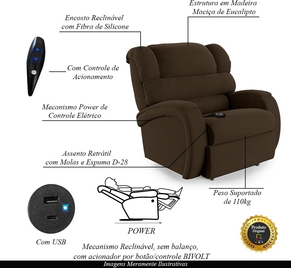 Poltrona do Papai Sala de Cinema Reclinável Kylie Controle Power Elétrico USB Veludo Marrom G23