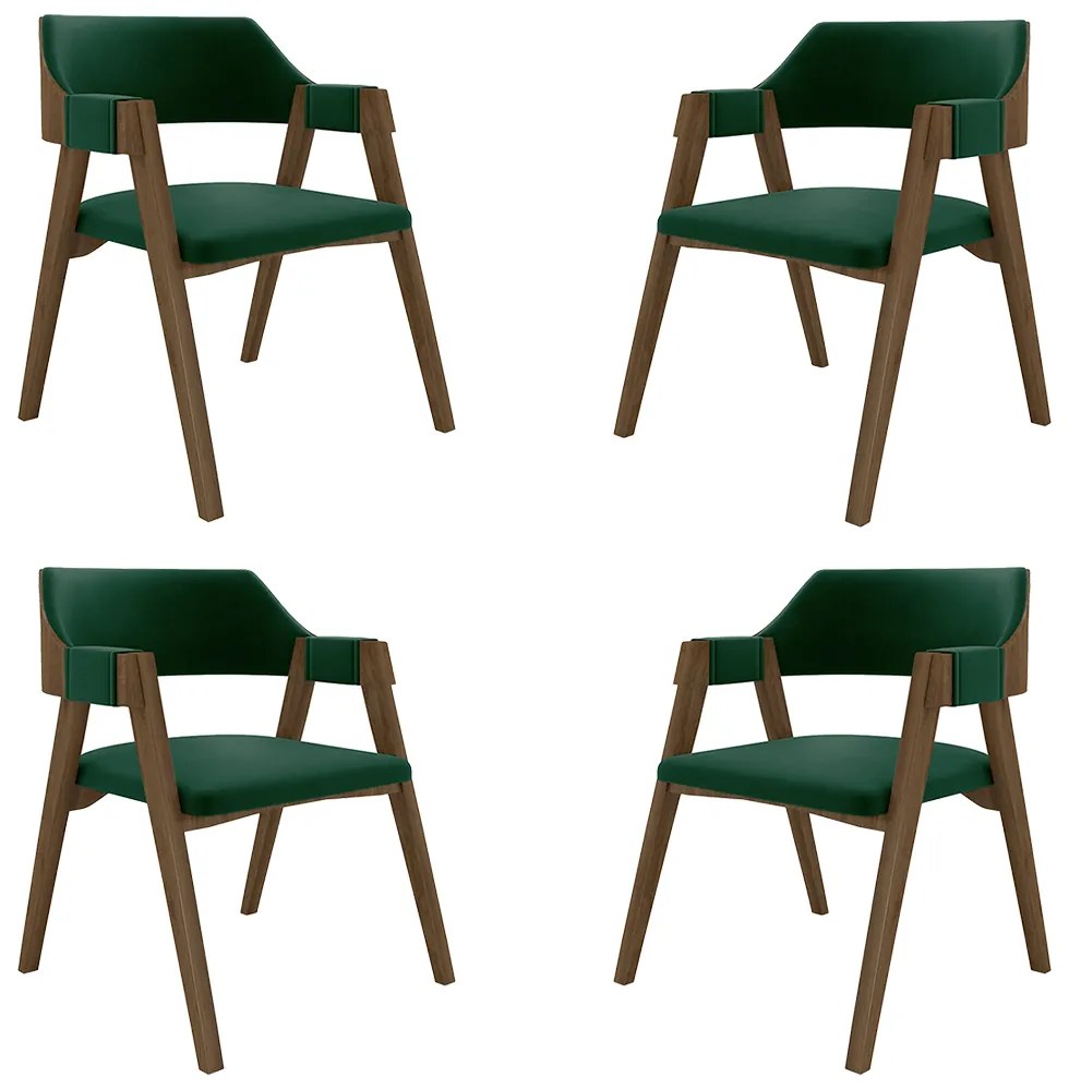 Kit 4 Cadeiras Sala de Jantar e Jogos Carteados Madeira Maciça Poker Veludo Verde/Nogueira G42 - Gran Belo