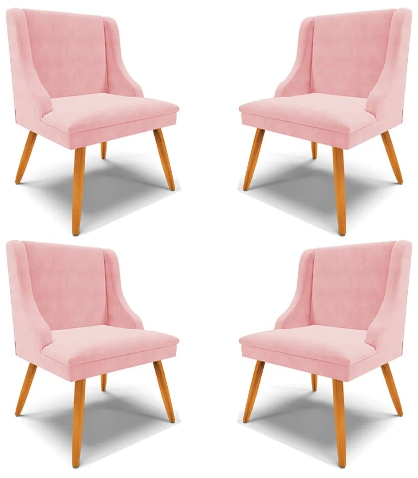 Kit 4 Cadeiras Decorativas Sala de Jantar Pés Palito de Madeira Firenze Suede Rosa Bebê/Natural G19 - Gran Belo