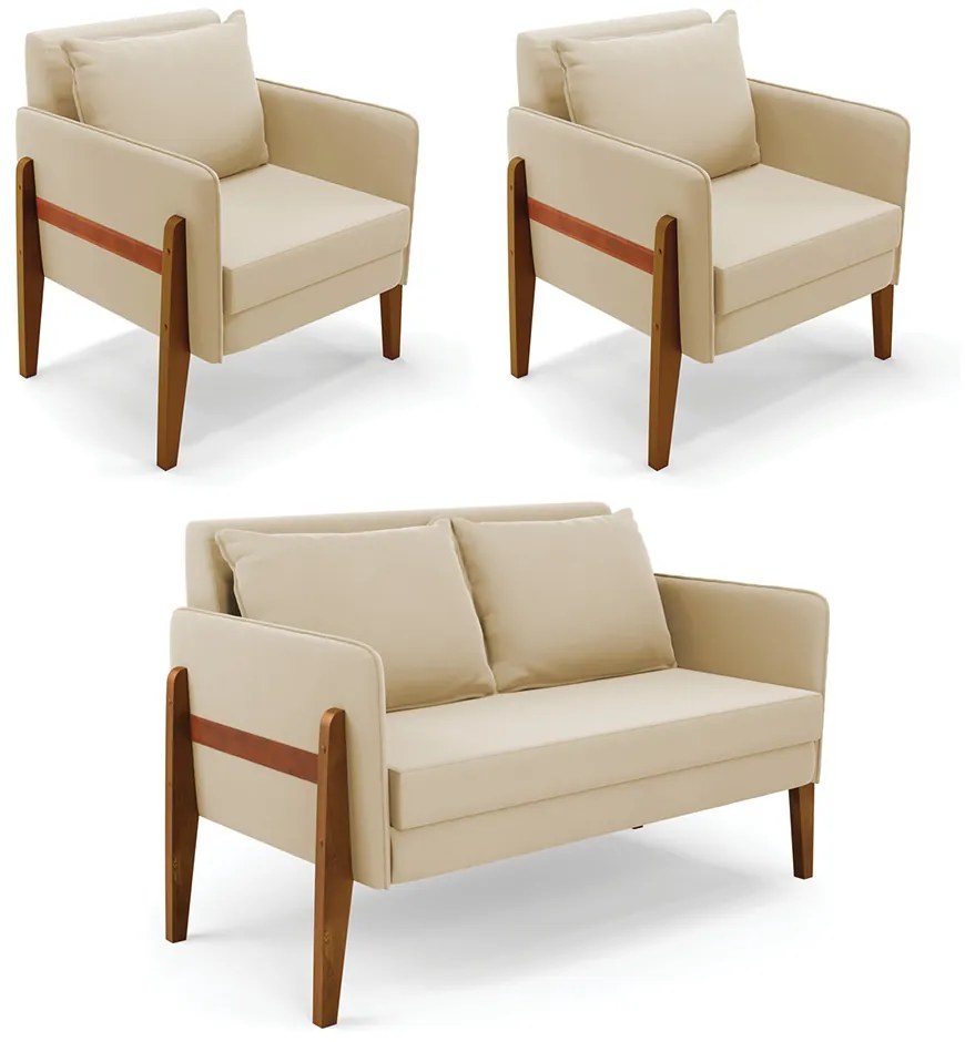 Kit 1 Sofá Namoradeira e 2 Poltronas Lana Suede Bege Base de Madeira