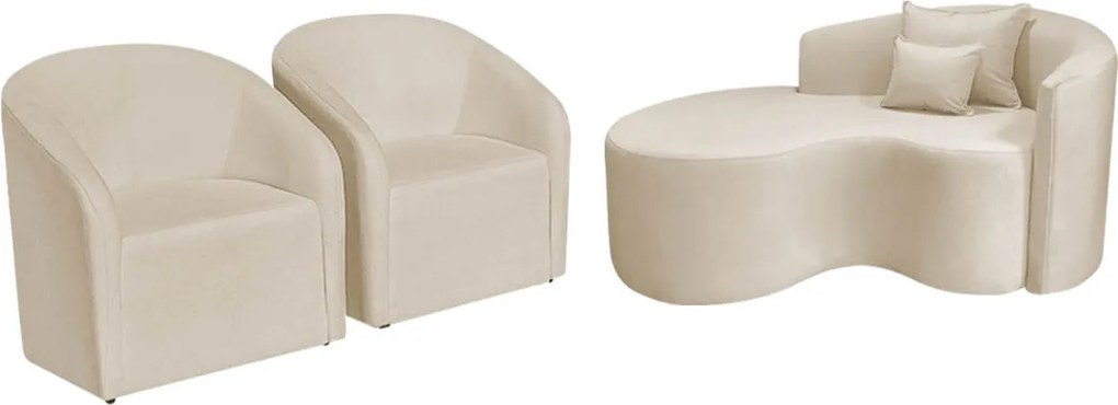 Kit Recamier Curvo Sala de Estar Inglaterra 150cm Lado Esquerdo e 2 Poltronas Orgânica Luxo Luiza Max Bouclé