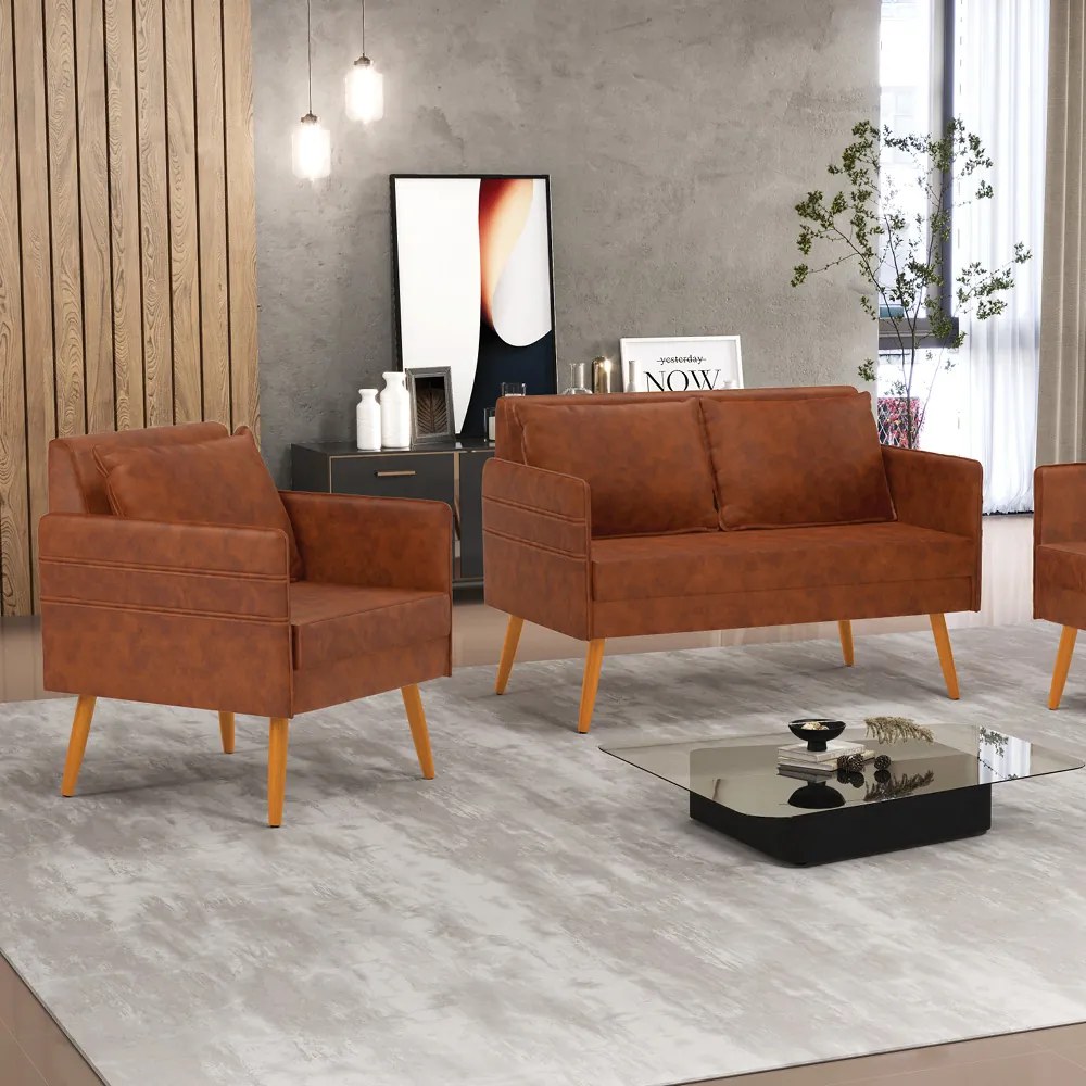 Kit 01 Namoradeira 02 Lugares e 01 Poltrona Mari Corano Nozes Pés Palito Castanho - D'Rossi