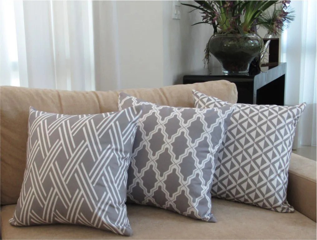 3 Capas para Almofadas Soft Veludo Geométrico Cinza 43x43cm