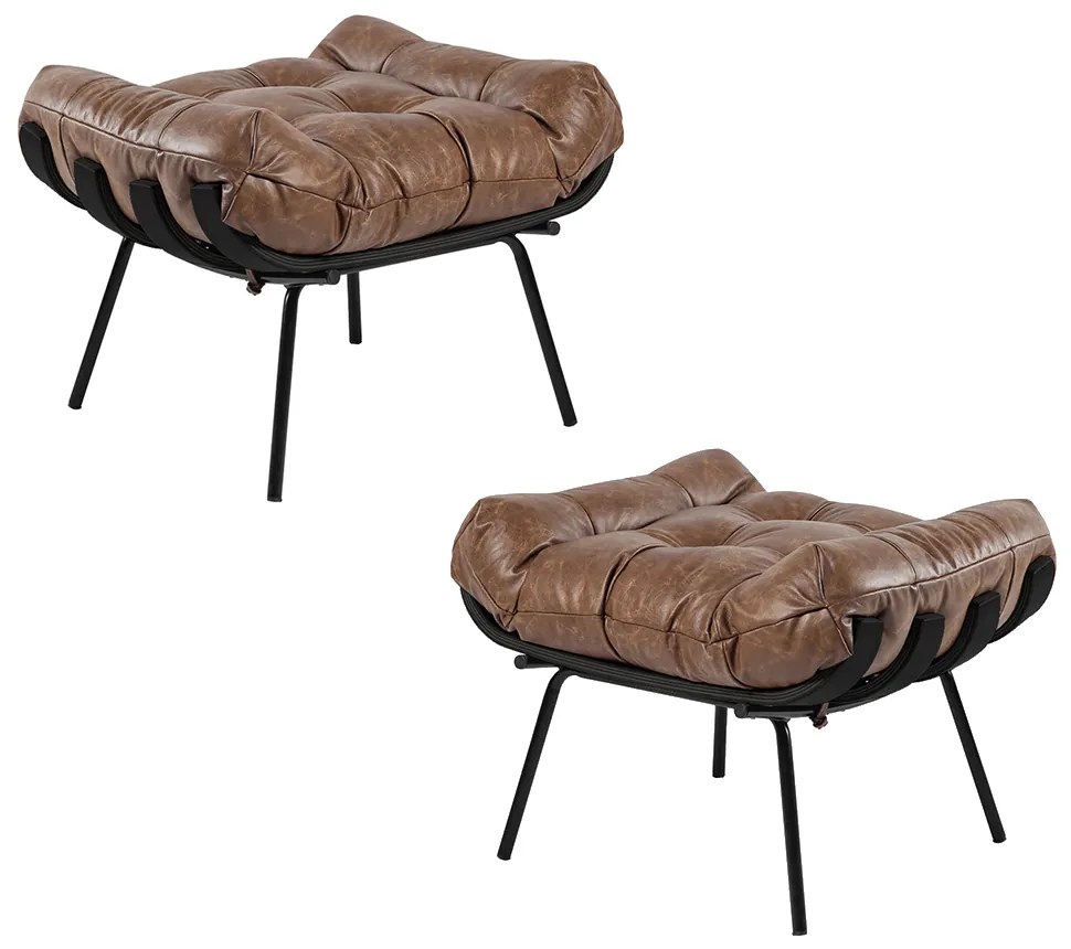 Kit 2 Puff Decorativo Sala de Estar Costela Base Preta Couro Mel G34 - Gran Belo