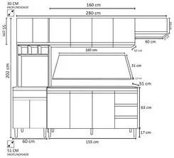Cozinha Modulada 4 Peças Balcão com Tampo 160cm Andréia Preto - AJL Mó