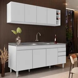 Armário Aéreo Nevada e Balcão Gabinete 180cm Com Pia Dallas Branco - L