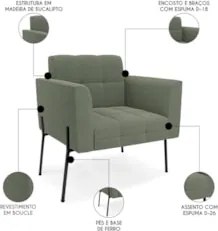 Poltrona Para Sala Pé Metal Preto Kit 2 Ana Bouclé Menta - Ibiza