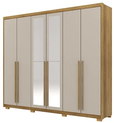 Guarda Roupa Com Espelho Dubai Majestic 6 Portas e 3 Gavetas Nature/Fendi - Vila Rica Móveis