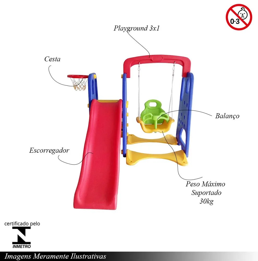 Playground Infantil 3x1 Crianças com Escorregador e Balanço Azul/Vermelho/Amarelo G31 - Importway