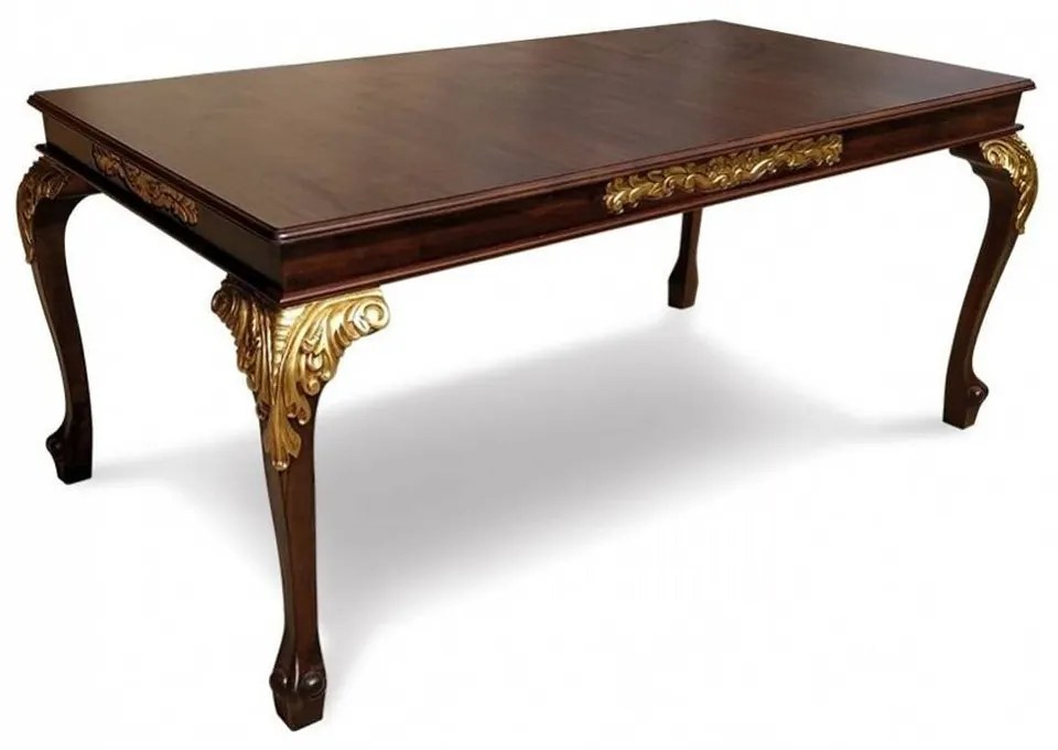 Mesa de Jantar Luiz XV Desmontável Madeira Maciça Eucalipto Entalhada Detalhes Folha de Ouro