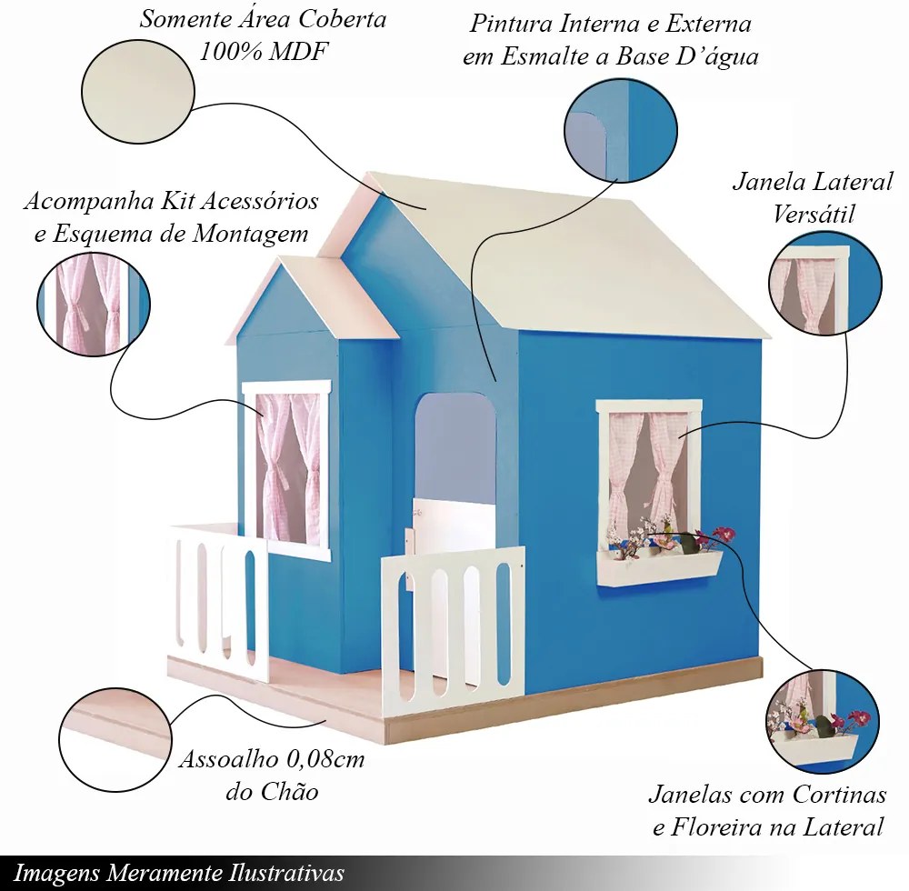 Casinha de Brinquedo Artesanal Janela Lateral Versátil com Cortinas MDF Azul/Branco L12 - Gran Belo