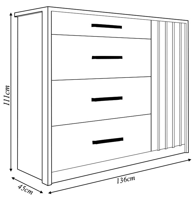 Cômoda Ripado Yana 136cm com 1 Porta 4 Gavetas Puxador Alumínio MDP Buriti G11 - Gran Belo