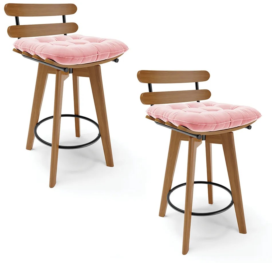 Kit 02 Banquetas Giratória Costela Suede Base Madeira MA70 - DRossi - Rosa Bebê