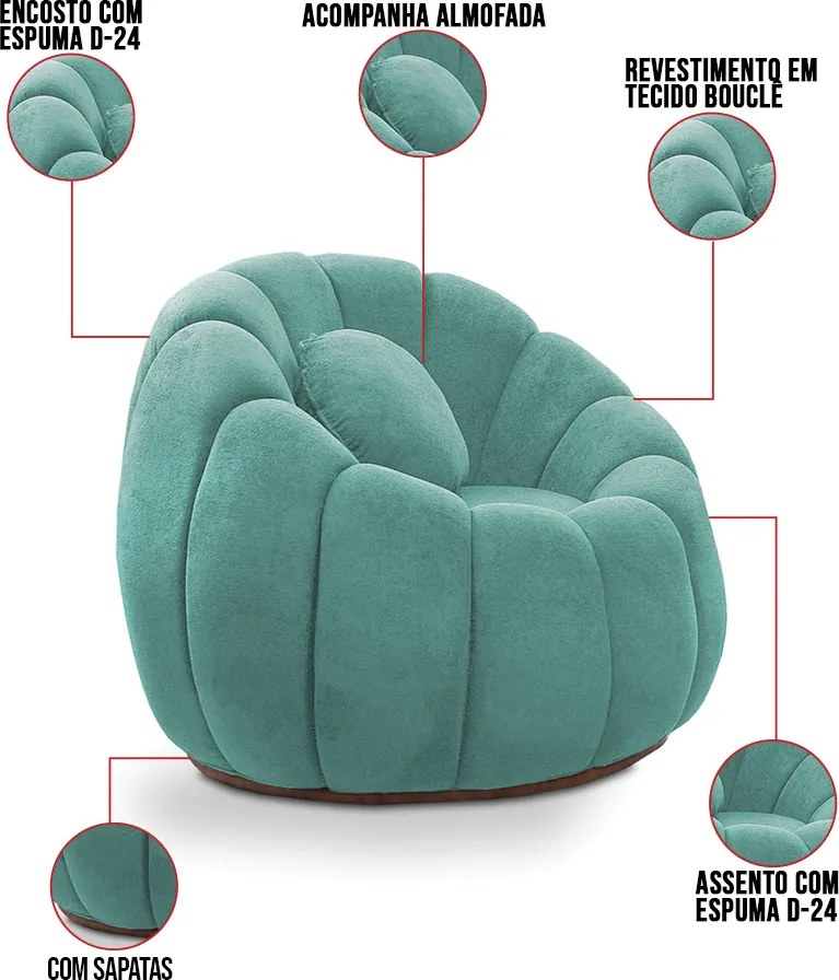 Sofá 2 Lugares com Puff e Poltrona Orgânica Fixa Cloud Bouclê E03 - D'Rossi - Azul Turquesa
