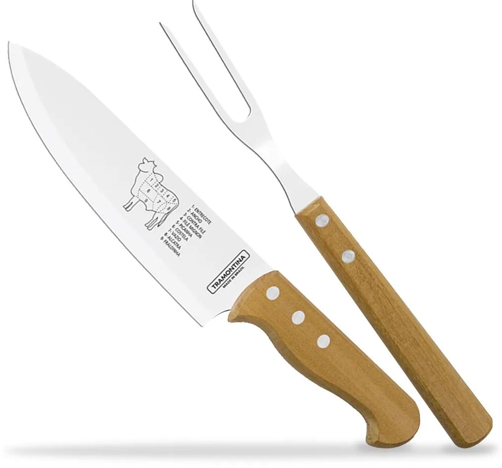 Jogo Trinchante Profissional Tramontina Churrasco com L&acirc;minas em A&ccedil;o Inox e Cabos de Madeira Natural 2 Pe&ccedil;as