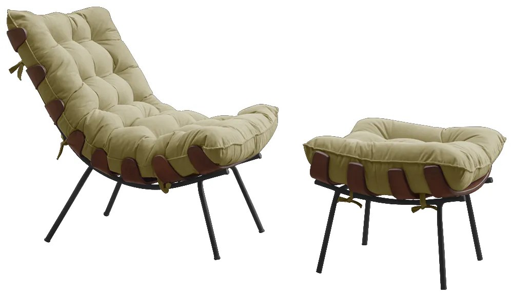 Conjunto Decorativo Poltrona e Puff Abel Base de Madeira Preto Veludo Bege G41 - Gran Belo